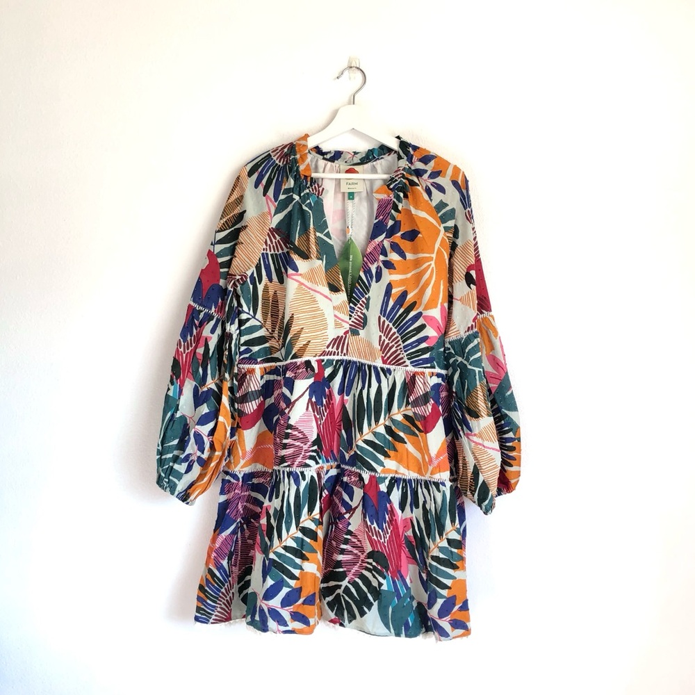 NWT FARM Rio Off White Macaw Colorful Tropical Long Sleeve Dress Size Medium